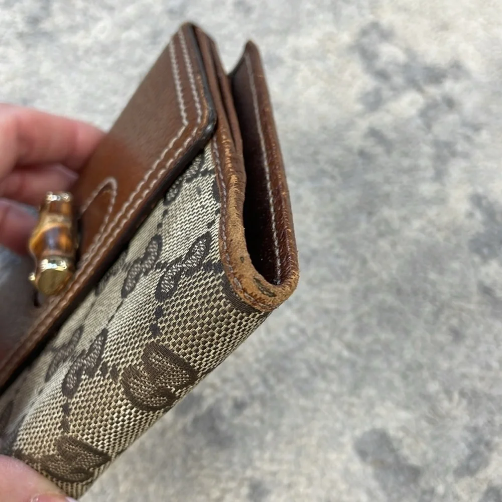 Vintage Gucci Monogram Bamboo French Wallet Brown GG Compact
